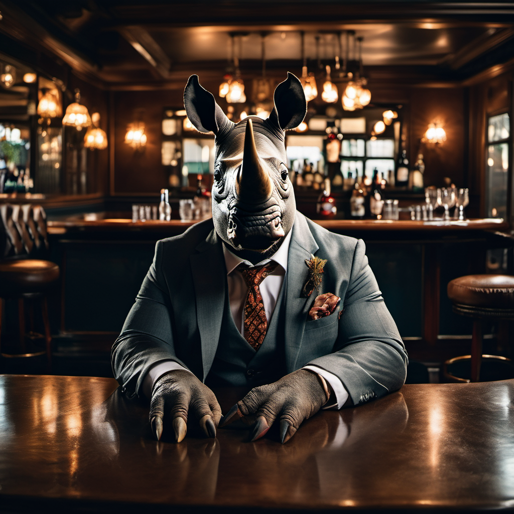 photo of a rhino dressed in a suit and tie sitting at a table in a bar with a bar stools, award winning photography, Elke vogelsang