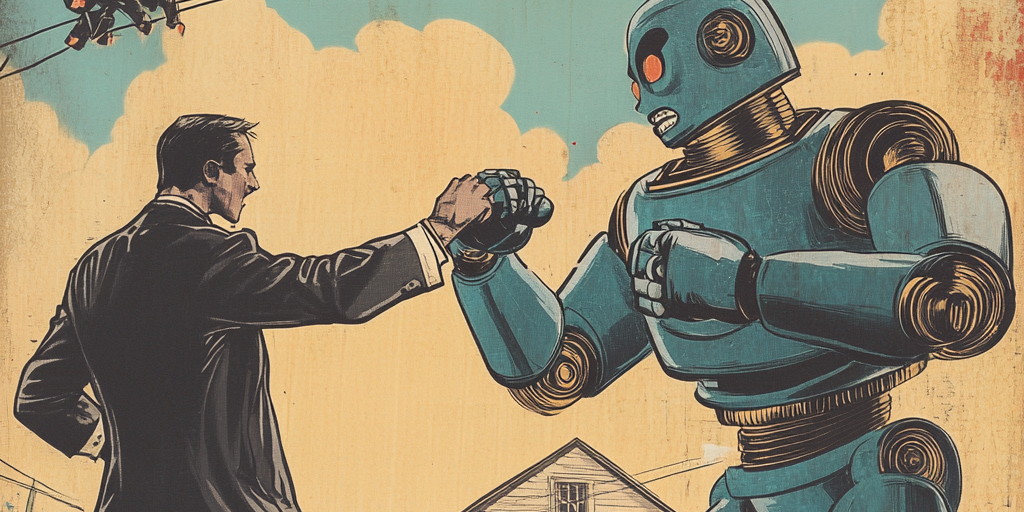 A Real Estate Agent fighting an AI Robot in front of a house