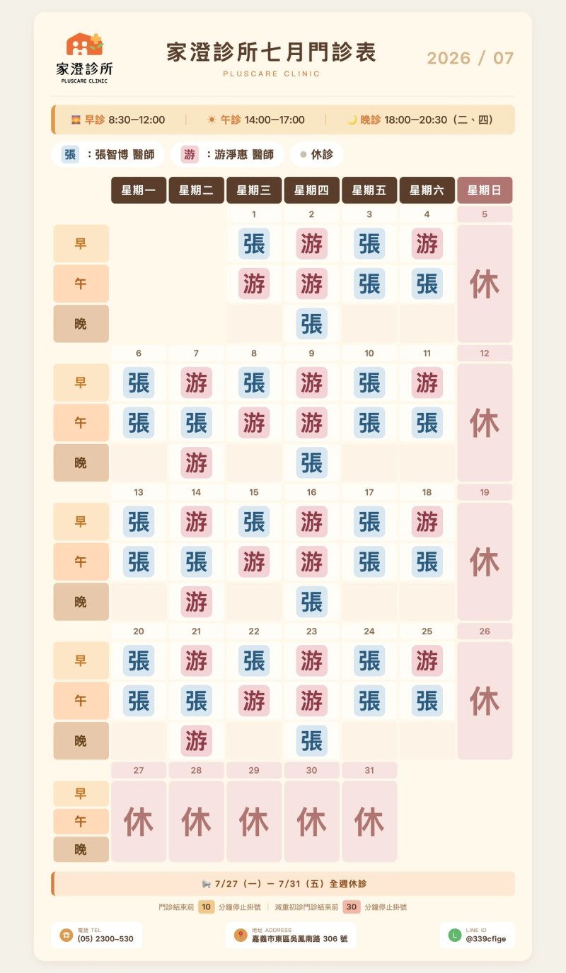 2026年7月份醫師門診表