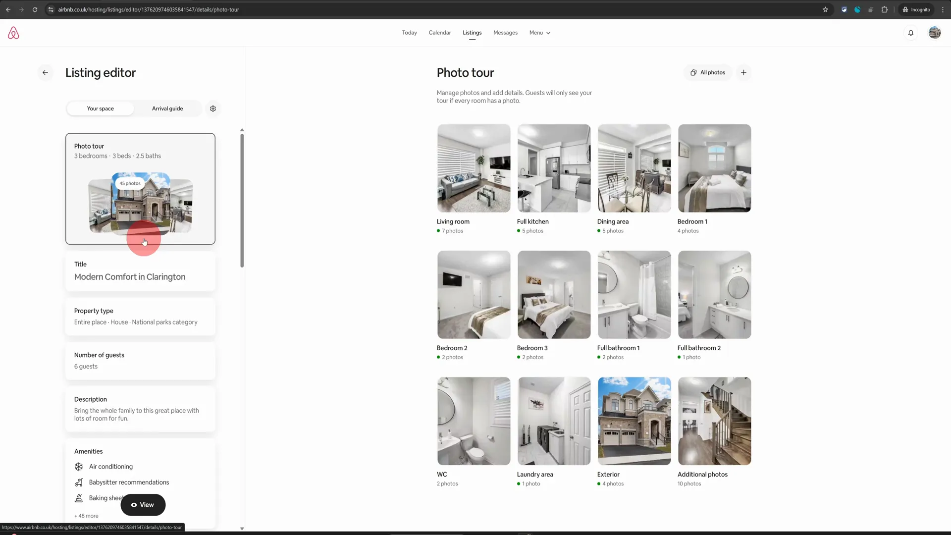 Listings menu on Airbnb