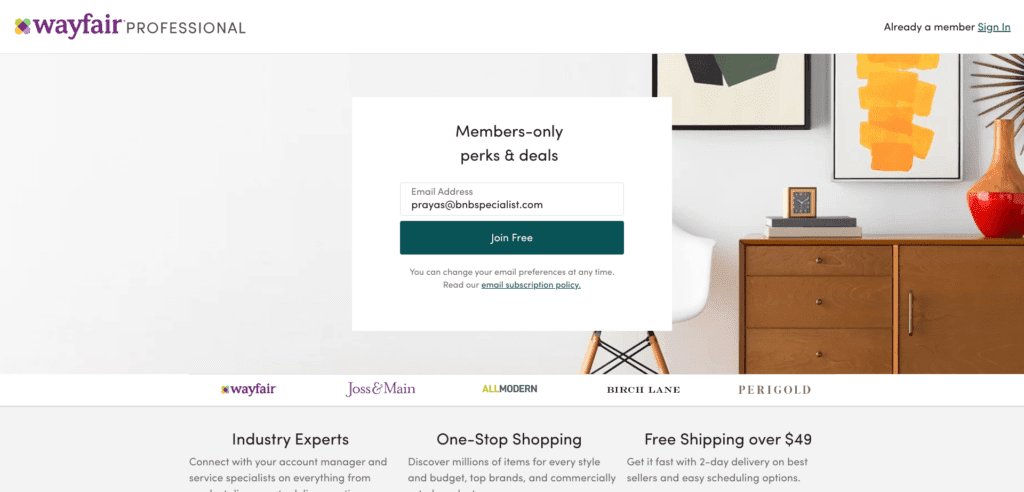 WayFair Professional Signup airbnb interior design