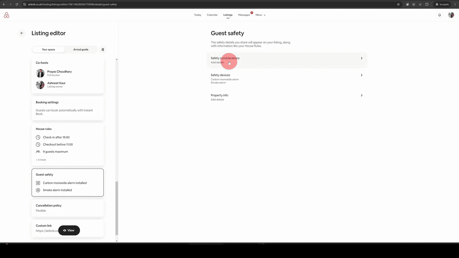 Navigating to guest safety settings