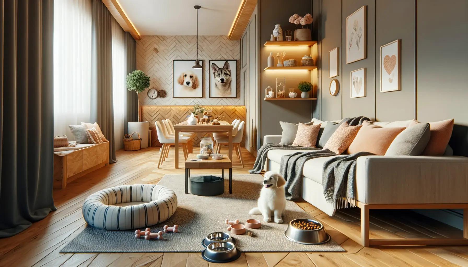 DALL%C2%B7E 2023 12 09 10.53.20 A cozy and inviting Airbnb rental space designed to be pet friendly. The image shows a well furnished living area with a comfortable sofa decorated w
