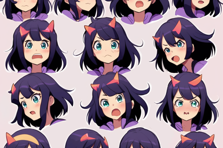 anime expression sheet, girl black hair, bright colors, face expressions --niji