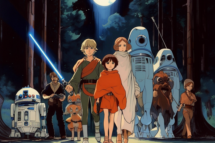 Star Wars Revenge of the Sith as a Studio Ghibli film, 80s 90s anime movie still by Hayao Miyazaki --v 5