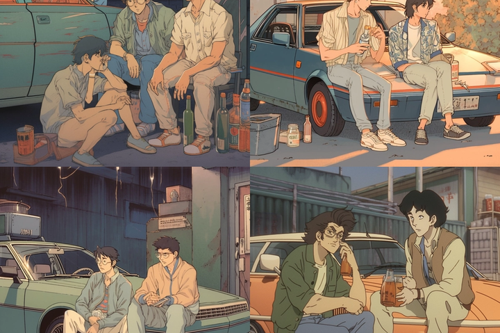80s anime still, men sitting outside car garage drinking beer wearing retro fashion, muted retro colors, by Tsukasa Hojo --v 5