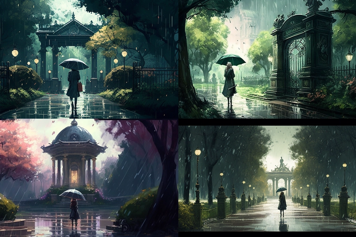 Garden of Words anime style, wallpaper, Hyde Park London, rain, gorgeous scenery,--ar 16:9