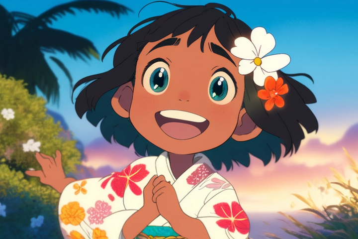 Disney's Moana as a Kyoto Animation Anime, art style of Tamako Market, aesthetically pleasing with bright colors --ar 3:2 --niji