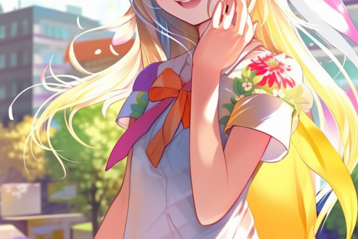 pixiv anime girl smiling on a bright sunny day, bright and full colours, aesthetically pleasing,--ar 9:16 --v 5
