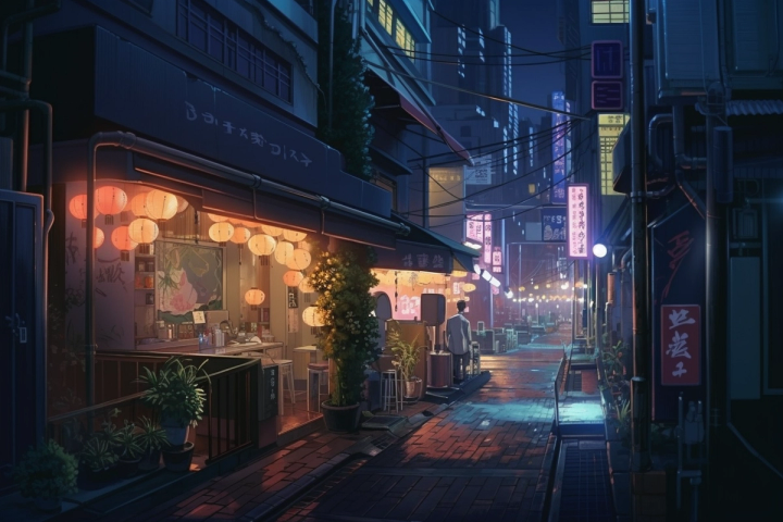 View of a Tokyo alleyway with lit up restaurants and bars at night, aesthetically pleasing background, style of Makoto Shinkai The Garden of Words --v 5
