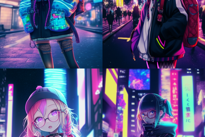 pixiv, harajuku styled fasion, futuristic fashion, anime girl, glasses, colorful clothing, backpack, city background, night --niji --ar 2:3