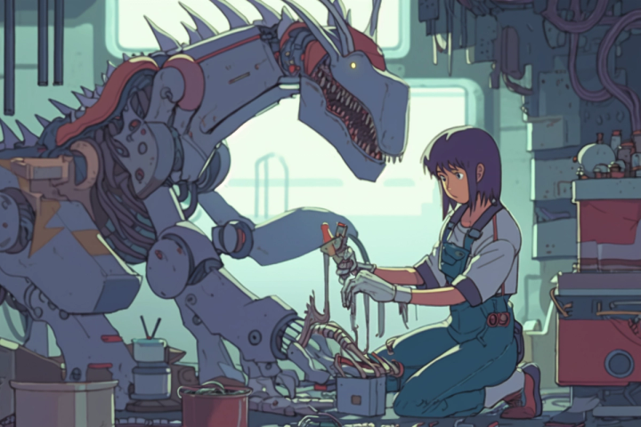 80s anime still, girl fixing a mech in laboratory, retro fashion, muted retro colors, style of Dragons Heaven --ar 3:2 --v 5