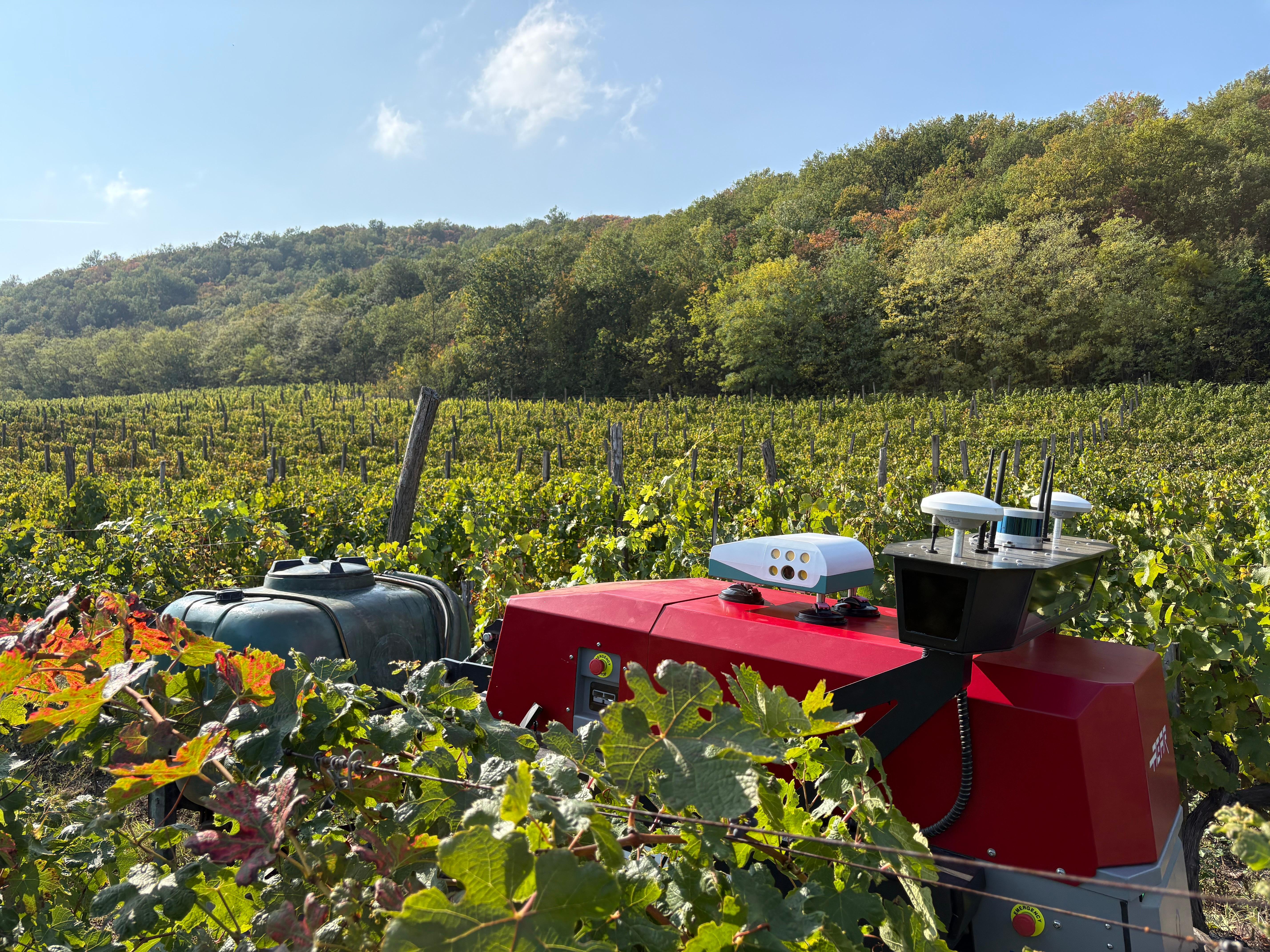 Viewer mounted on a red tractor and sprayer in the vineyard