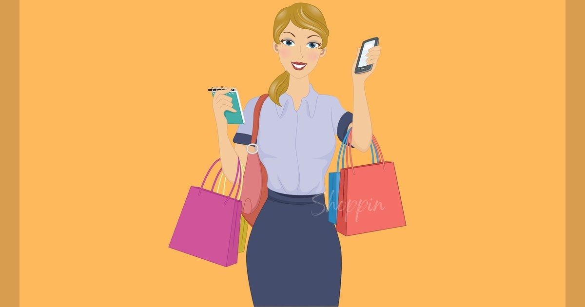 Illustration of a shopper holding bags and a phone