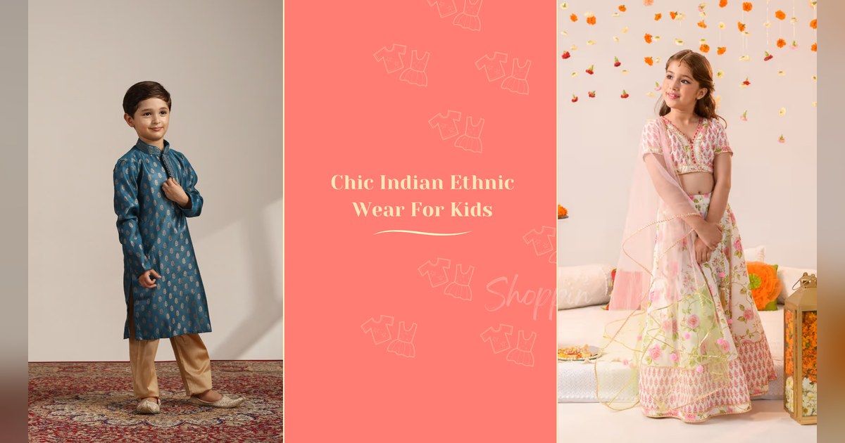 Boy in a kurta and girl in a lehenga in Indian ethnic wear