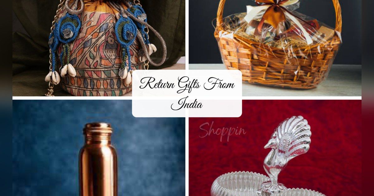 Collage of Indian return gifts including copper bottles and gift baskets