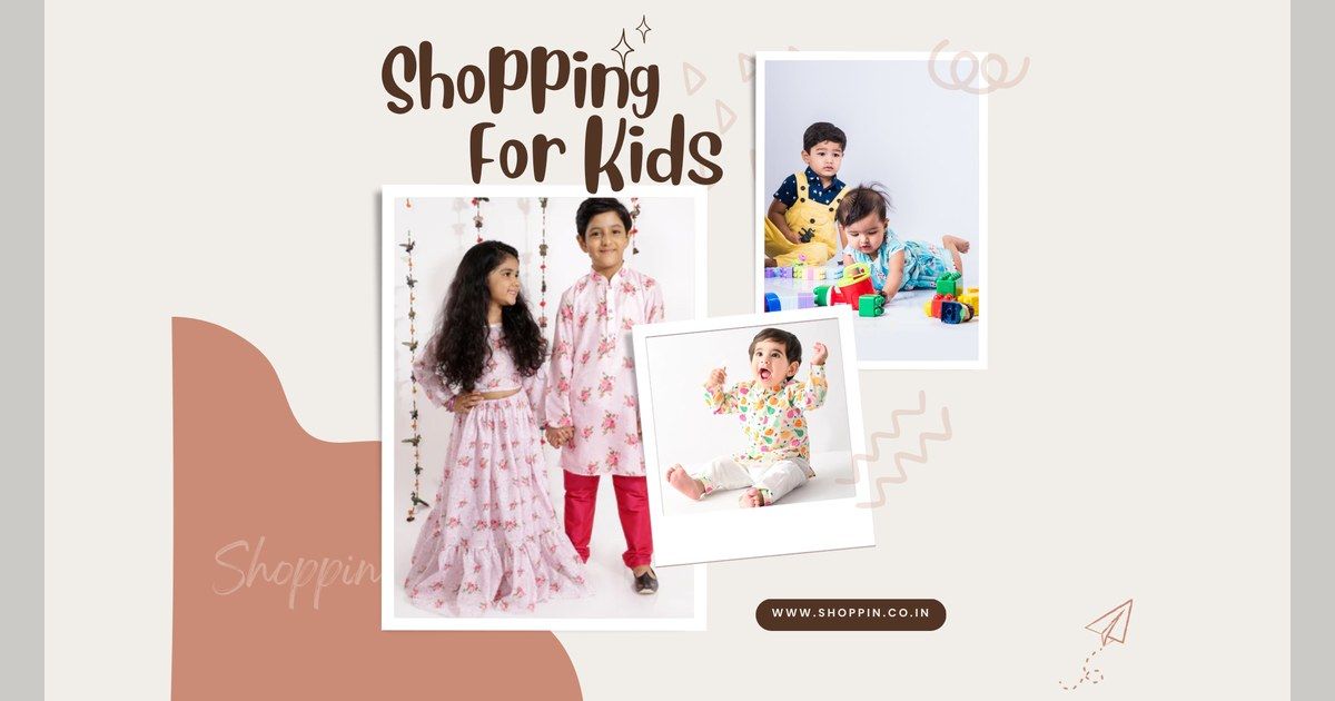 Children dressed in Indian outfits under a Shopping for Kids headline