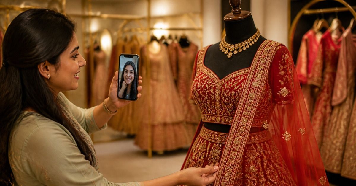 Personal shopper showing a red bridal lehenga to a bride abroad on a live video call