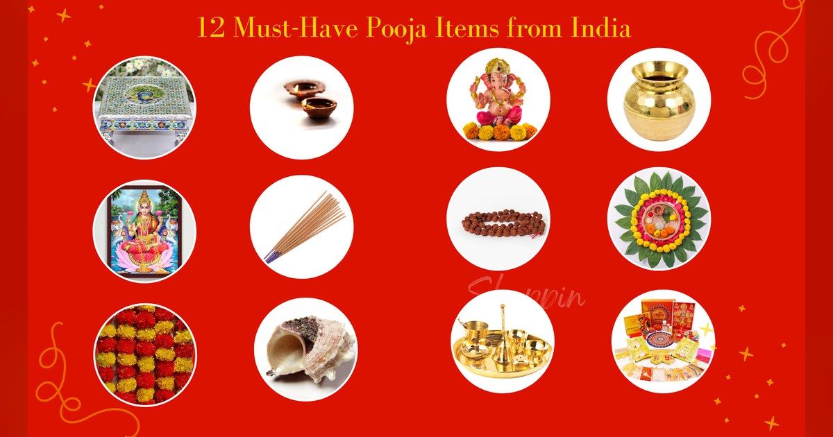 Twelve pooja items arranged in circles on a red background