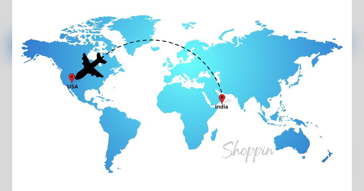 World map with a flight path from India to the USA