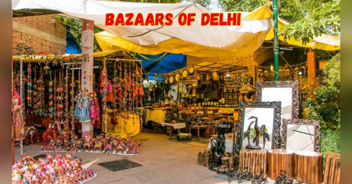 Colourful stalls and lanterns in a busy Delhi bazaar