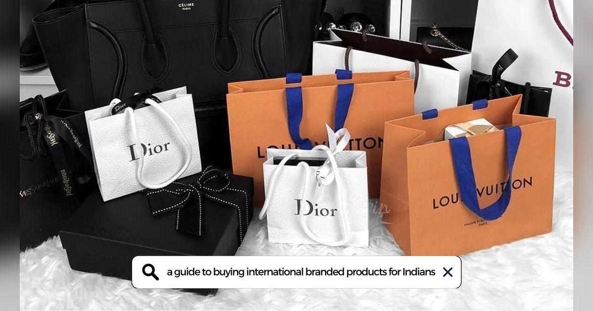 Luxury branded shopping bags with a search bar asking about buying international products