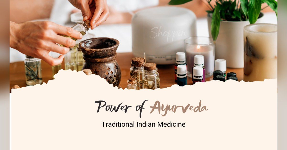 Ayurvedic oils and herbs with a Power of Ayurveda headline