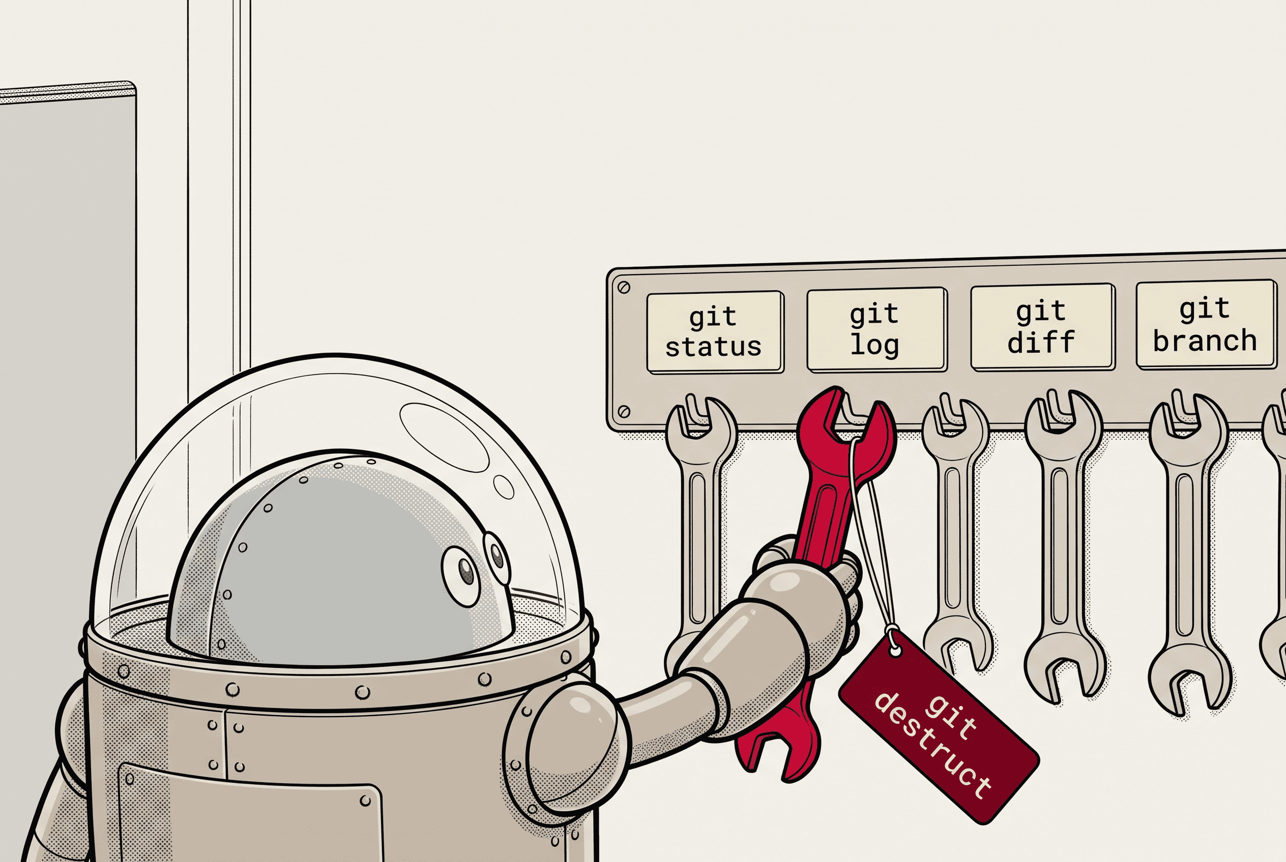 A robot reaching past a rack of wrenches labelled "git status", "git log", "git diff" and "git branch" for the red one, whose tag reads "git destruct"