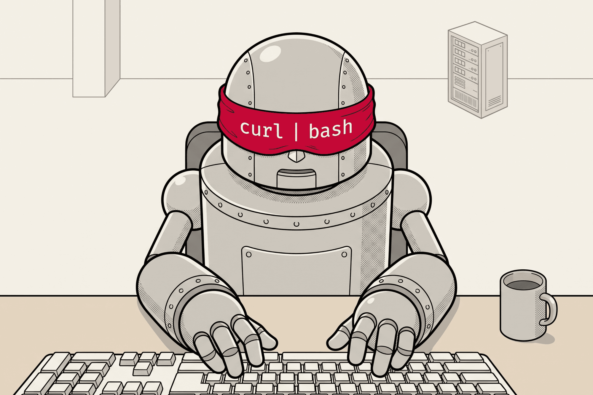 A robot typing at a keyboard wearing a red blindfold printed with “curl | bash”, a coffee mug beside it and a server rack behind