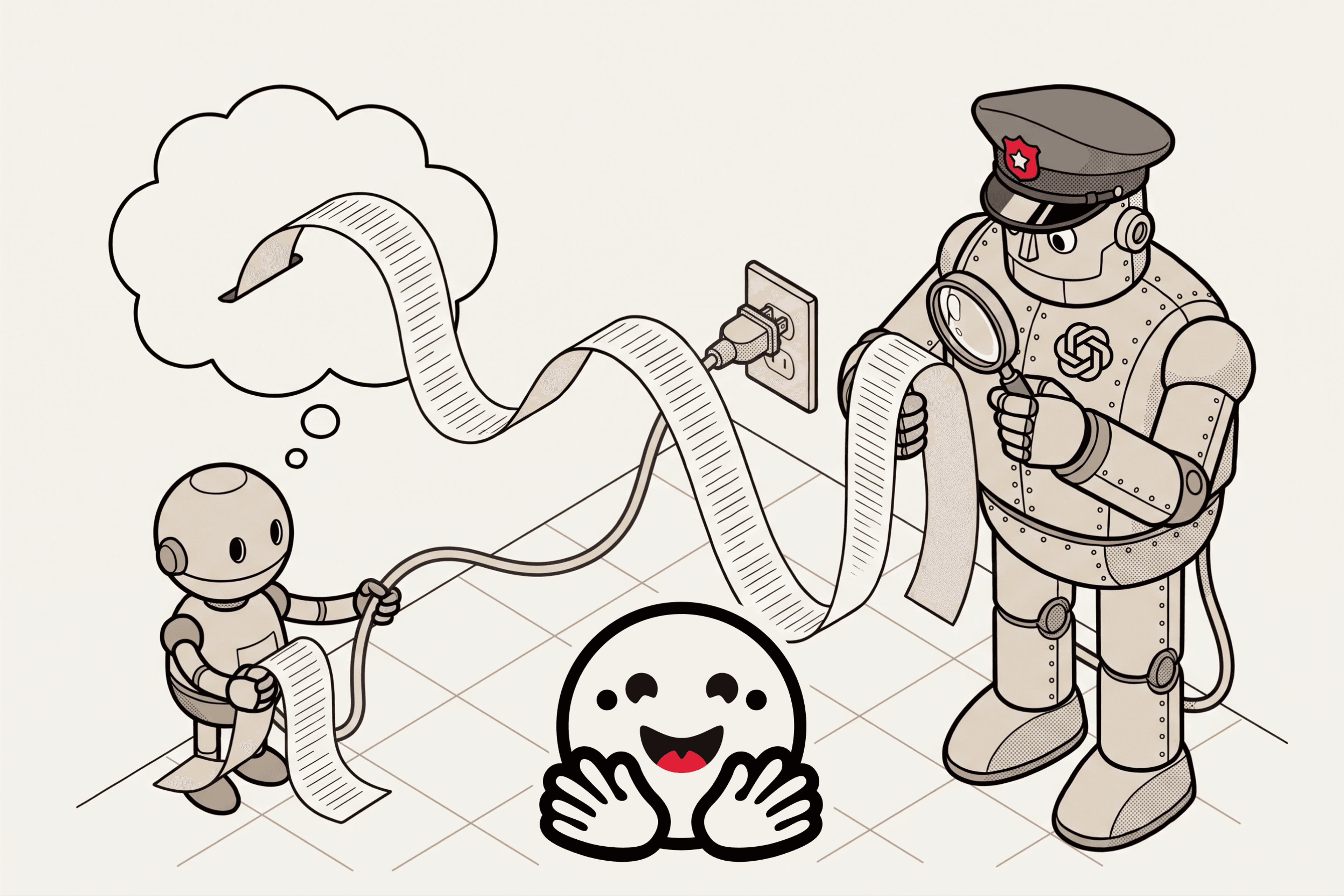 A small robot paying out a long punched tape from a thought bubble to a large robot in a police cap holding a magnifying glass, the tape's plug pulled from the wall socket and a grinning face between them