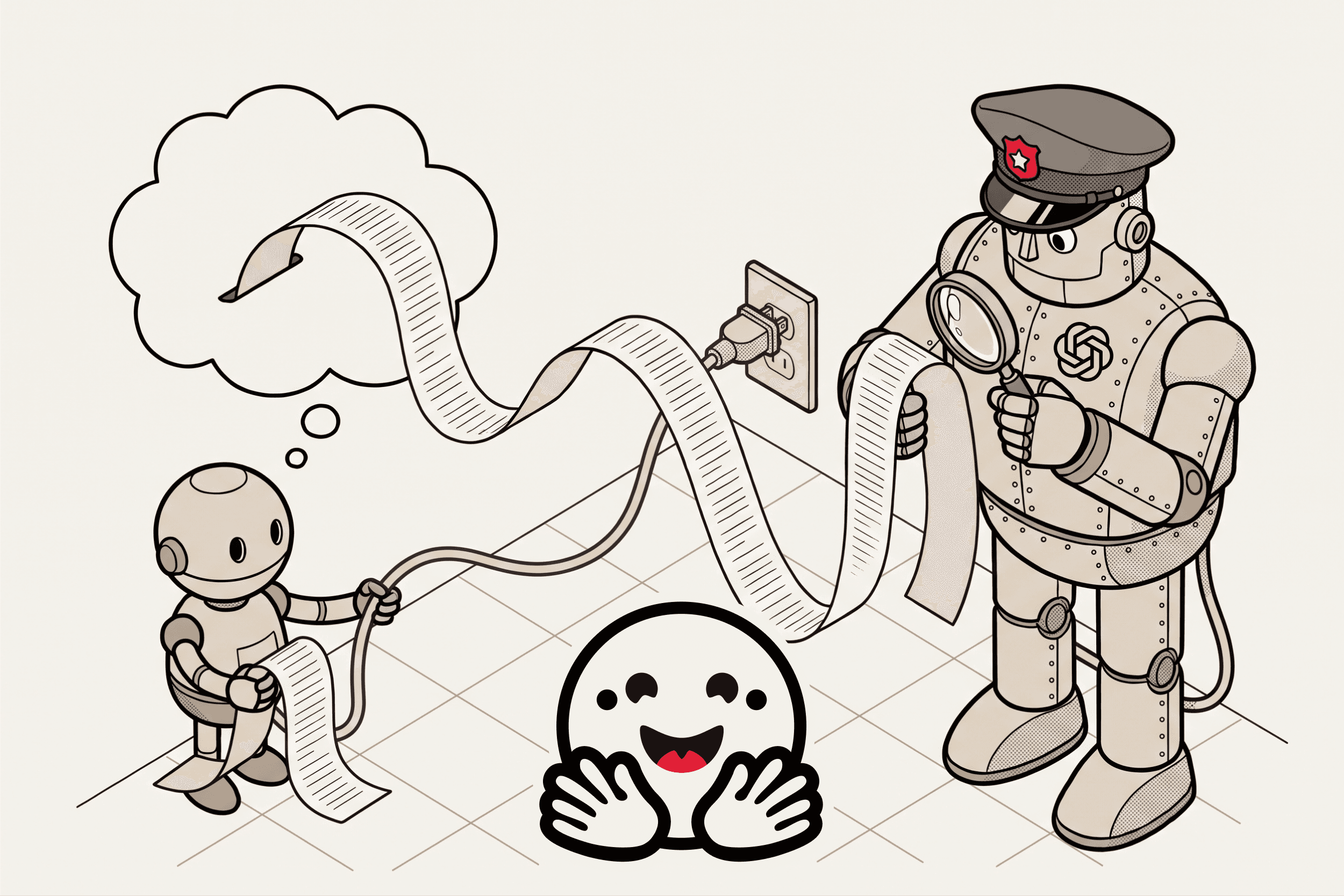A small robot paying out a long punched tape from a thought bubble to a large robot in a police cap holding a magnifying glass, the tape's plug pulled from the wall socket and a grinning face between them