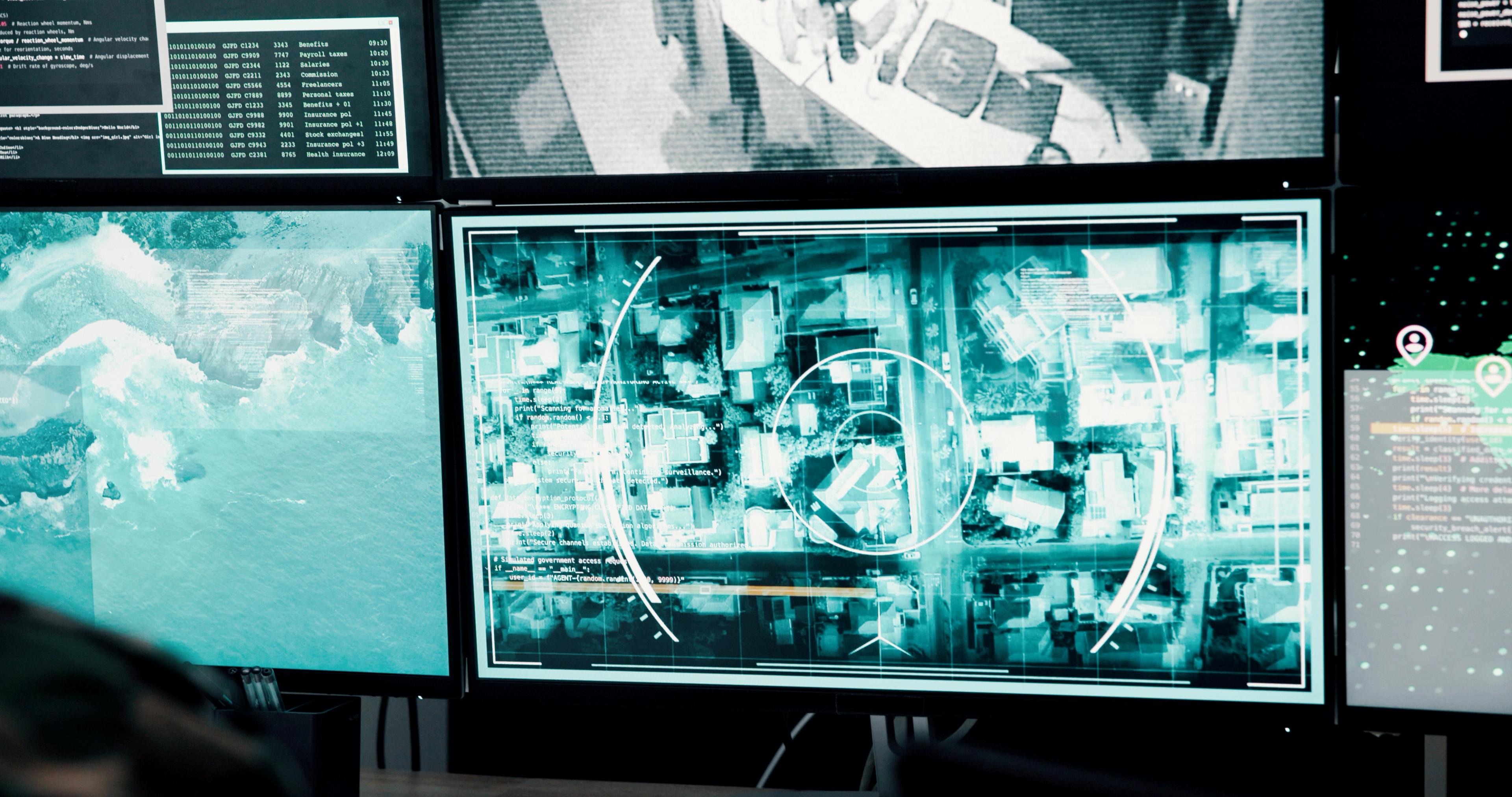Cybersecurity panel with digital readouts for CMMC compliance topics