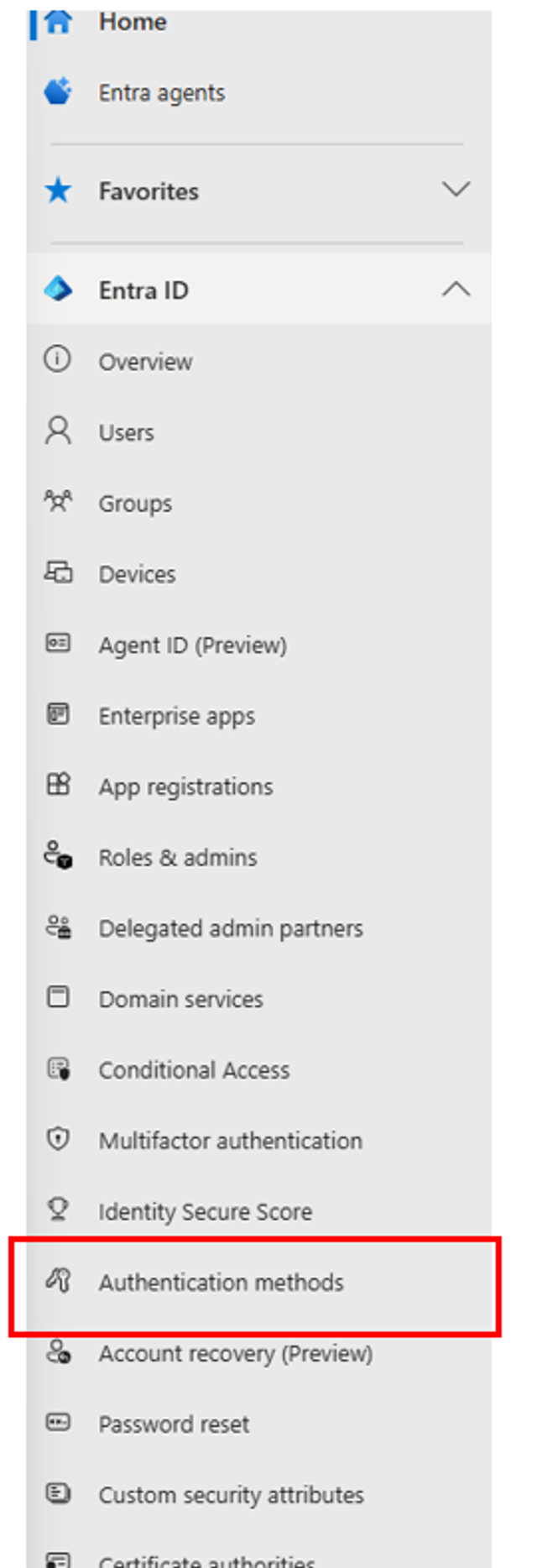 Authentication methods menu option