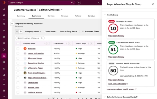 HubSpot Customer Success Workspace showing a customer list and an account health score panel