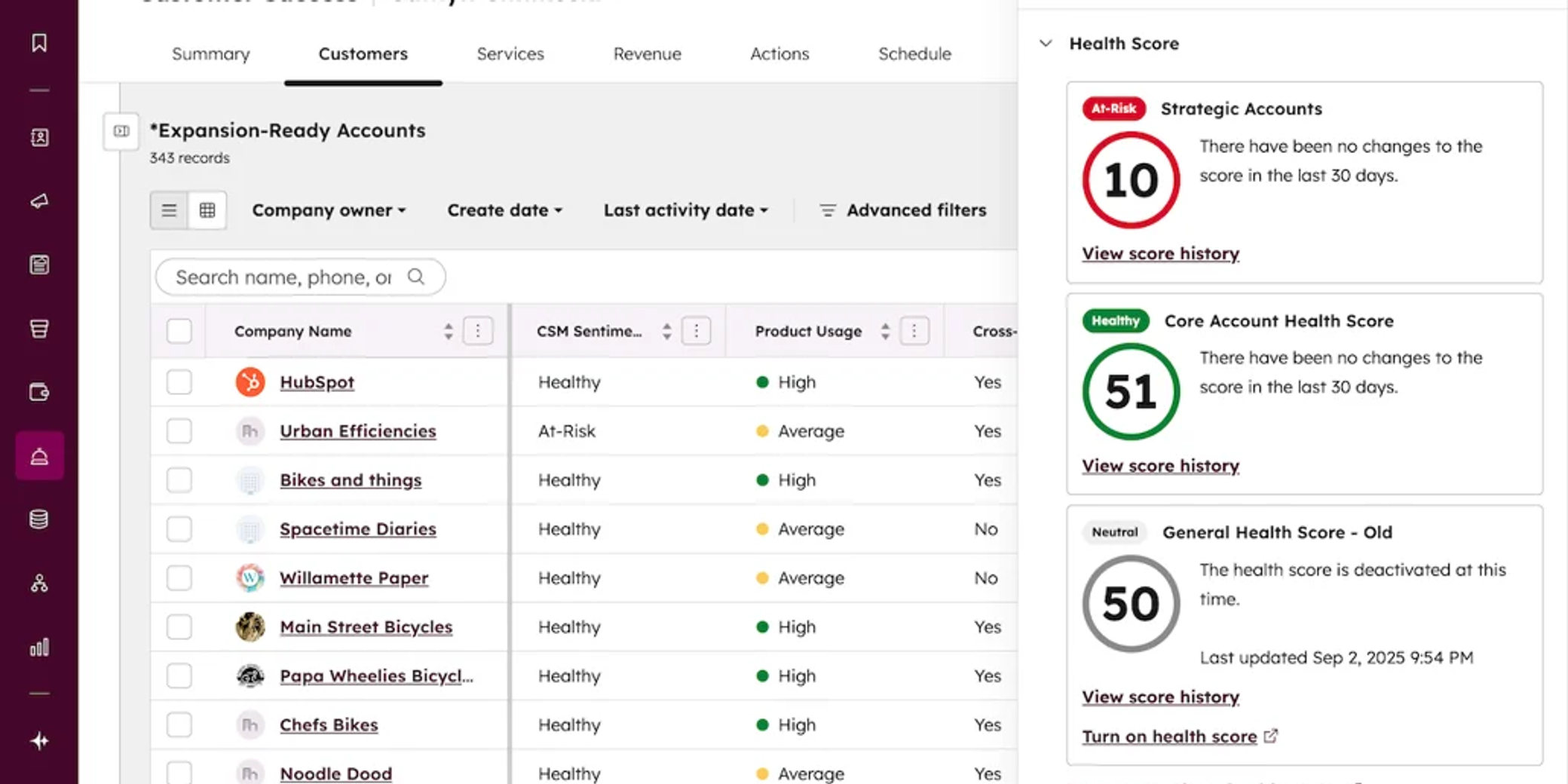 HubSpot Customer Success Workspace showing a customer list and an account health score panel