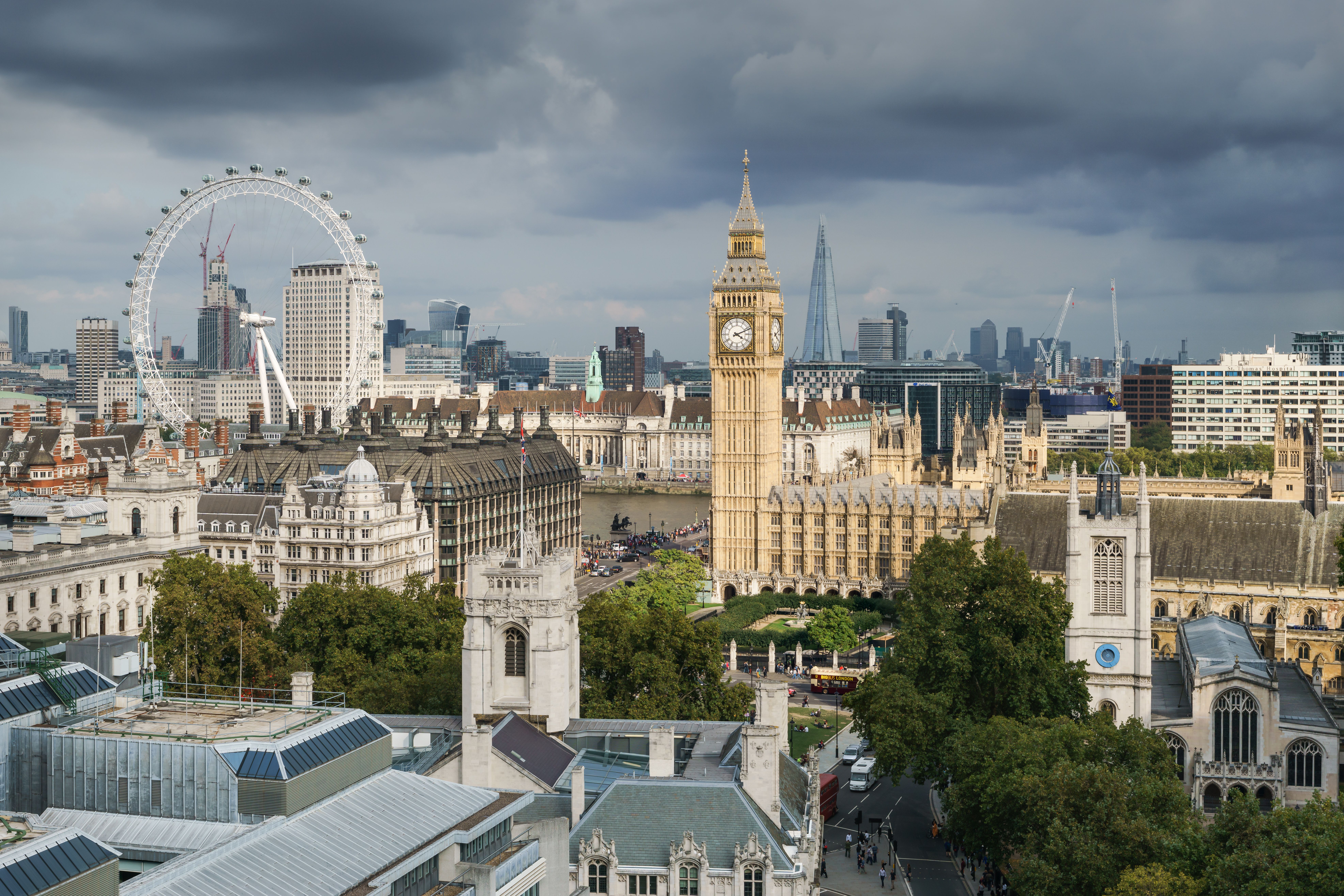 The Palace of Westminster in London, seen from above.