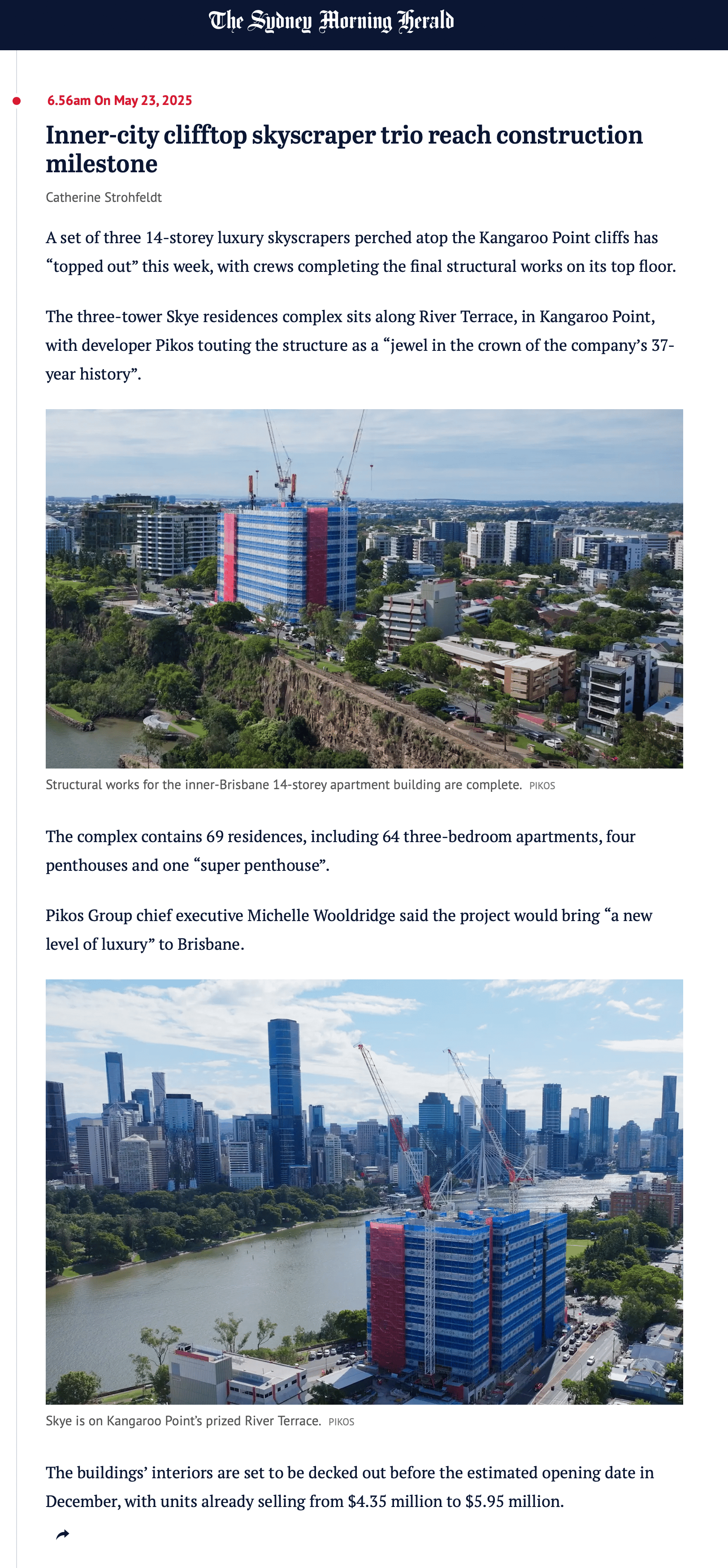 Inner-city clifftop skyscraper trio reach construction milestone