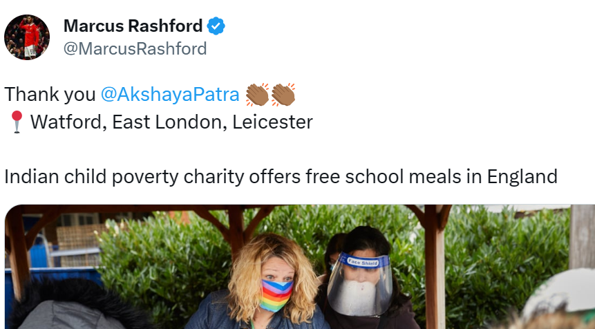 Tweet from Marcus Rashford thanking Akshaya Patra for offering free meals to school children