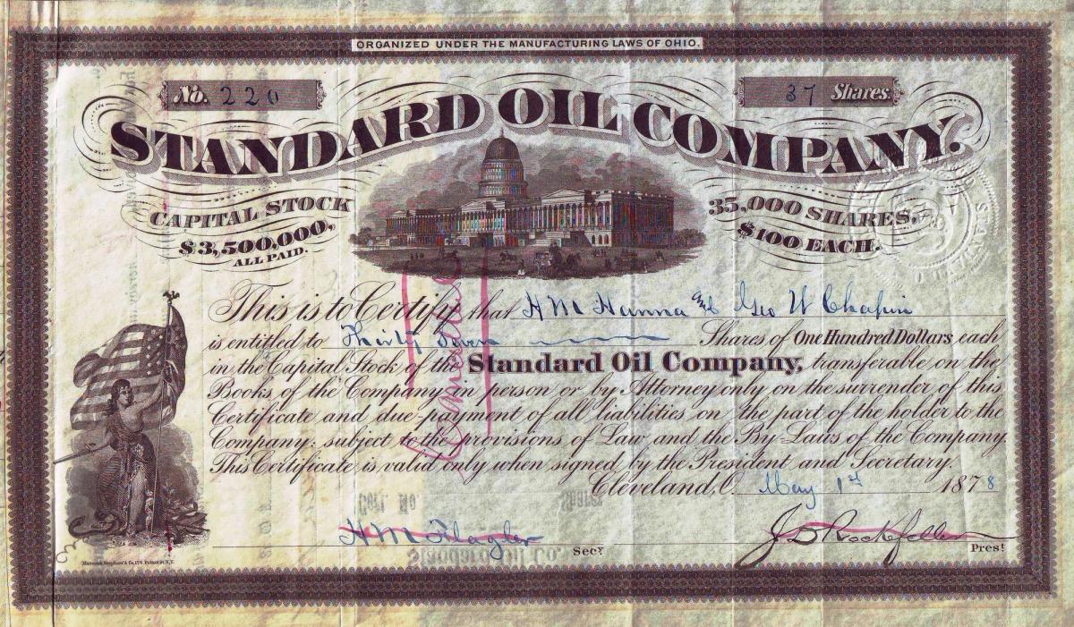 Historical 1878 paper stock certificate issued to shareholders of the Standard Oil Company