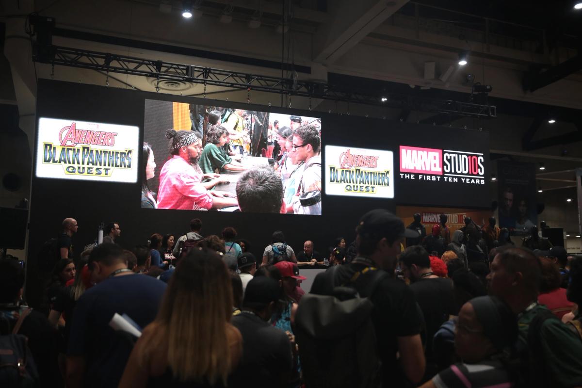 Massive glowing Marvel Studios pavilion and exhibition hall at San Diego Comic-Con