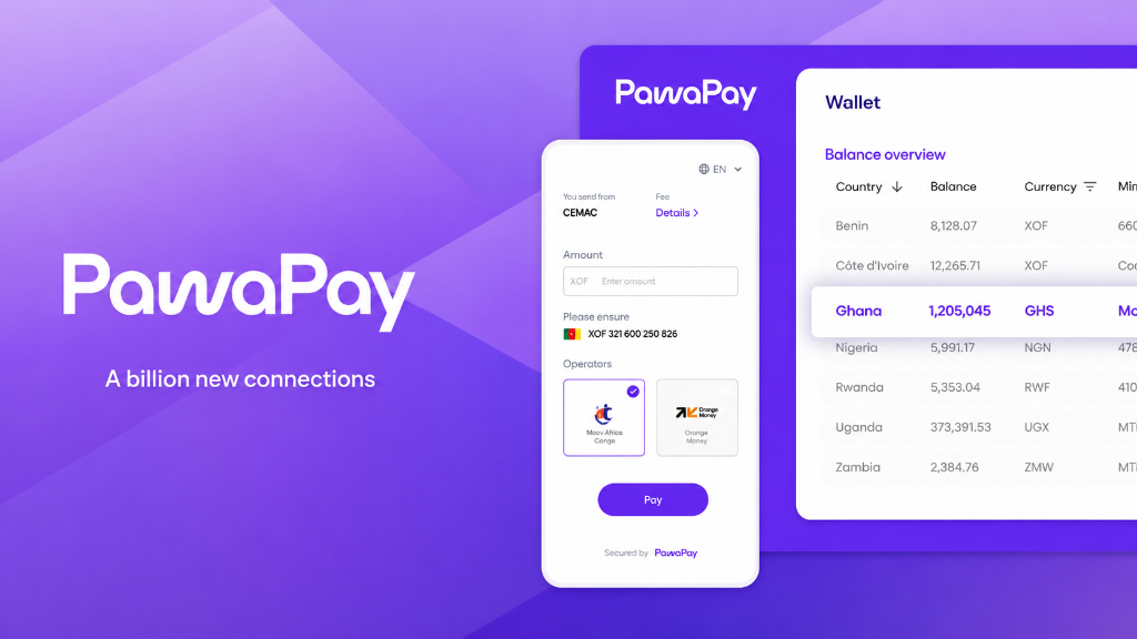 PawaPay product interface displaying mobile money wallets and multi-currency balances