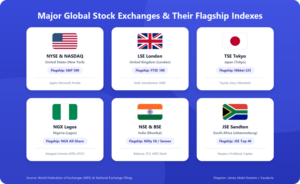 Six major global stock exchanges with their national flags, flagship benchmark indexes, and largest listed companies: NYSE and NASDAQ (United States, S&P 500), LSE London (United Kingdom, FTSE 100), TSE Tokyo (Japan, Nikkei 225), NGX Lagos (Nigeria, NGX All-Share), NSE and BSE (India, Nifty 50 and Sensex), and JSE Sandton (South Africa, JSE Top 40)