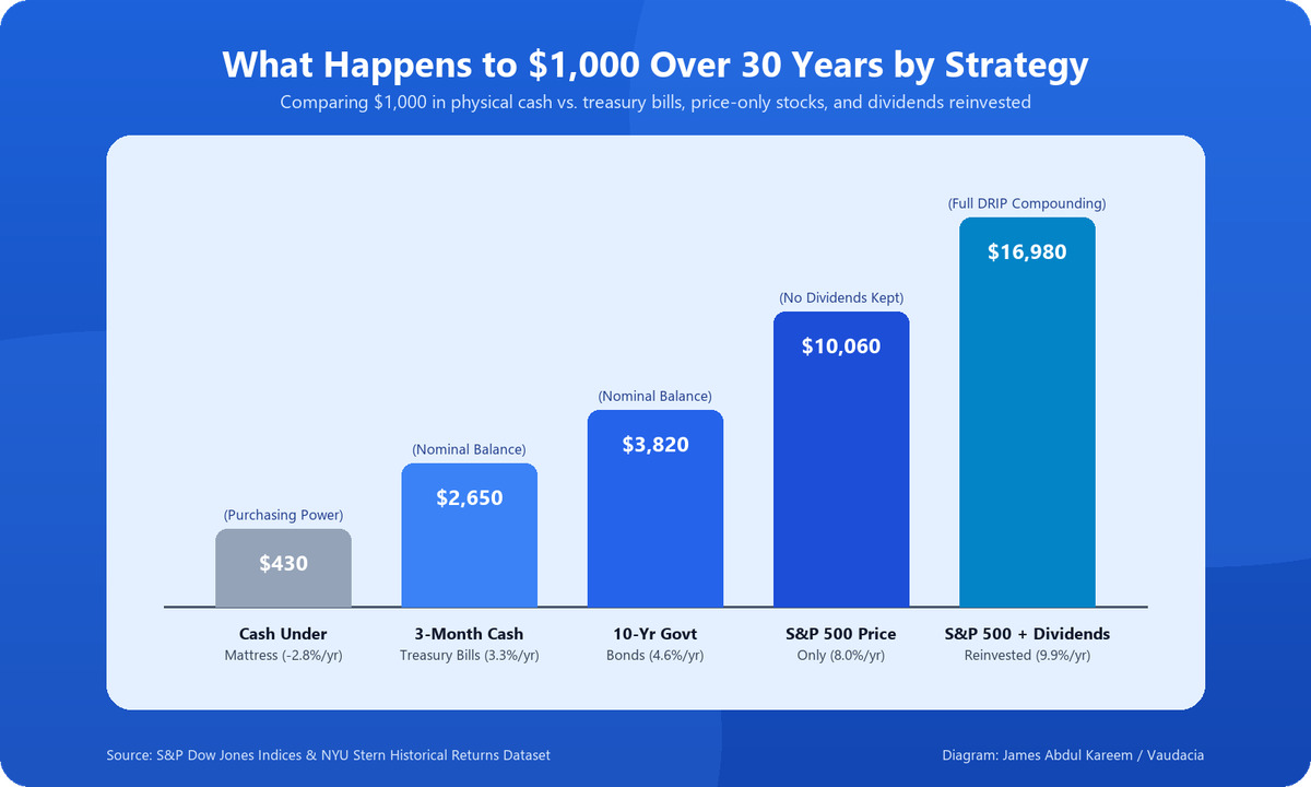 Bar chart showing what happens to $1,000 over 30 years across five strategies: Cash Under Mattress shrinks to $430 in purchasing power, 3-Month Treasury Bills grow to $2,650, 10-Year Government Bonds grow to $3,820, S&P 500 Price Only grows to $10,060, and S&P 500 with Dividends Reinvested grows to $16,980