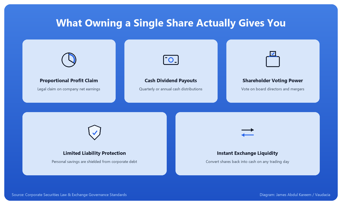 Infographic showing the five core rights of owning a share of stock: Proportional Profit Claim, Cash Dividend Payouts, Shareholder Voting Power, Limited Liability Protection, and Instant Exchange Liquidity