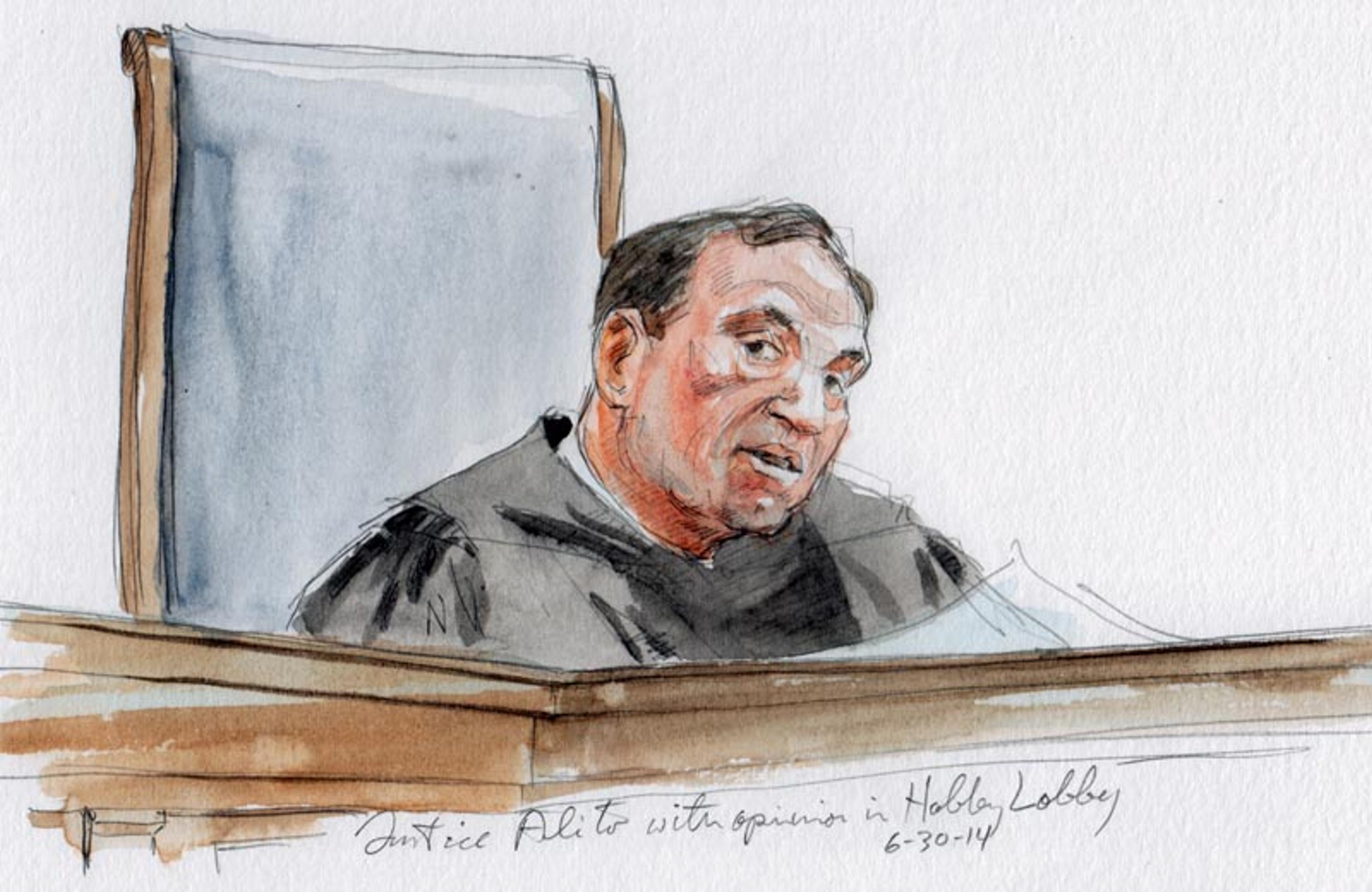Justice Alito announces opinion in Hobby Lobby (Art Lien)