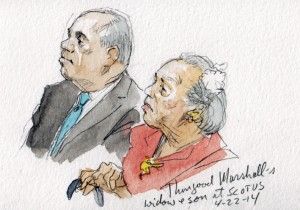 Thurgood Marshall's son and widow seated in courtroom as opinion in Schuette is announced. (Art Lien)