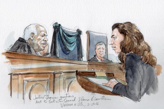 First time in ten years Justice Thomas asks question during arguments in Voisine v. US, No.14-10154 directed at Asst. to Sol. Gen. Ilana H. Eisenstein