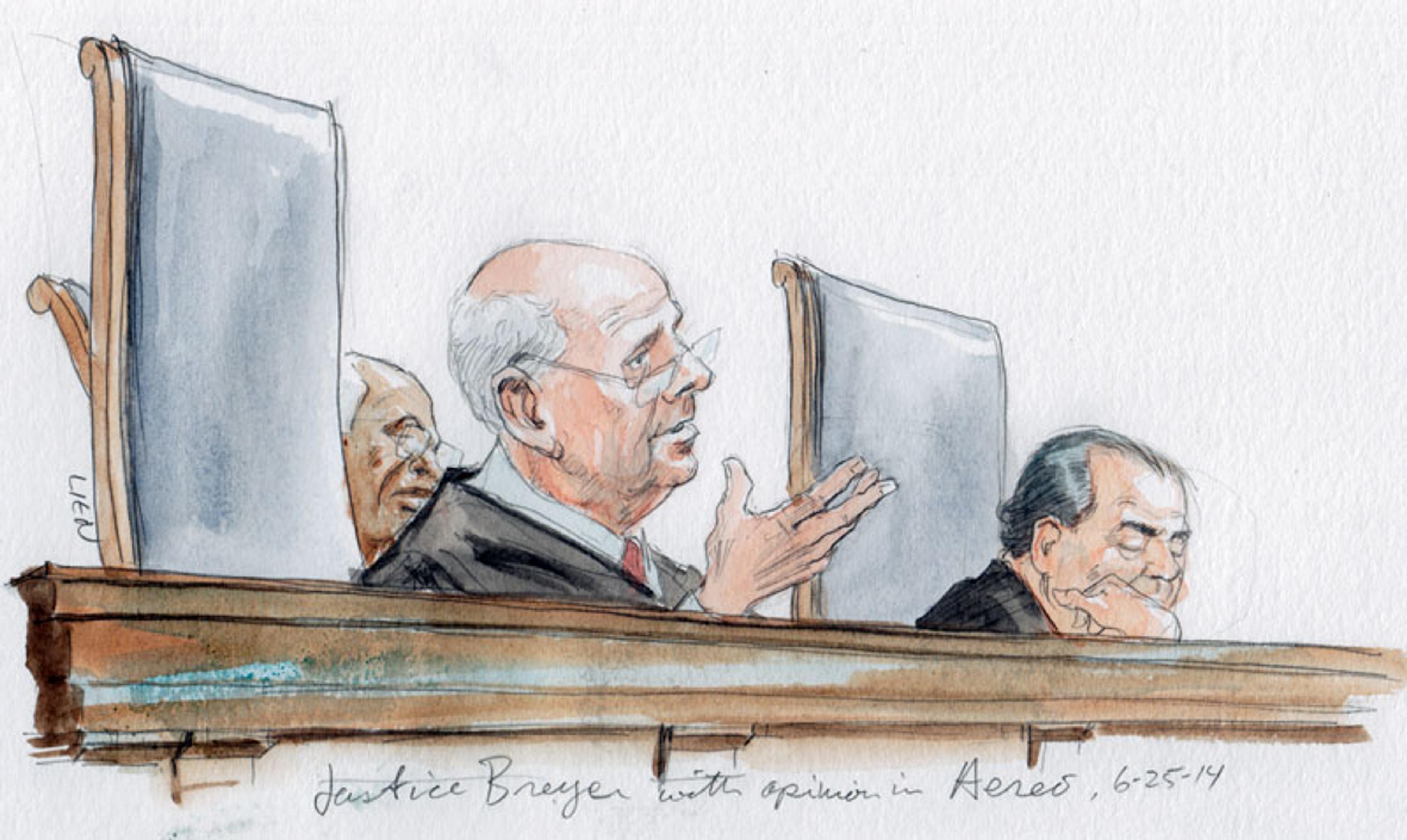 Justice Breyer announces opinion in Aereo. (Art Lien)