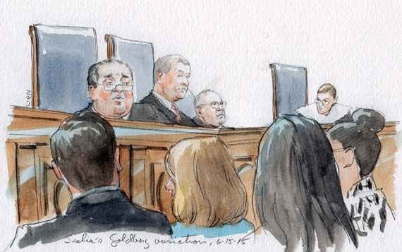 Justice Scalia accidentally calls Ginsburg Goldberg while delivering opinion in Kerry v Din (Art Lien)