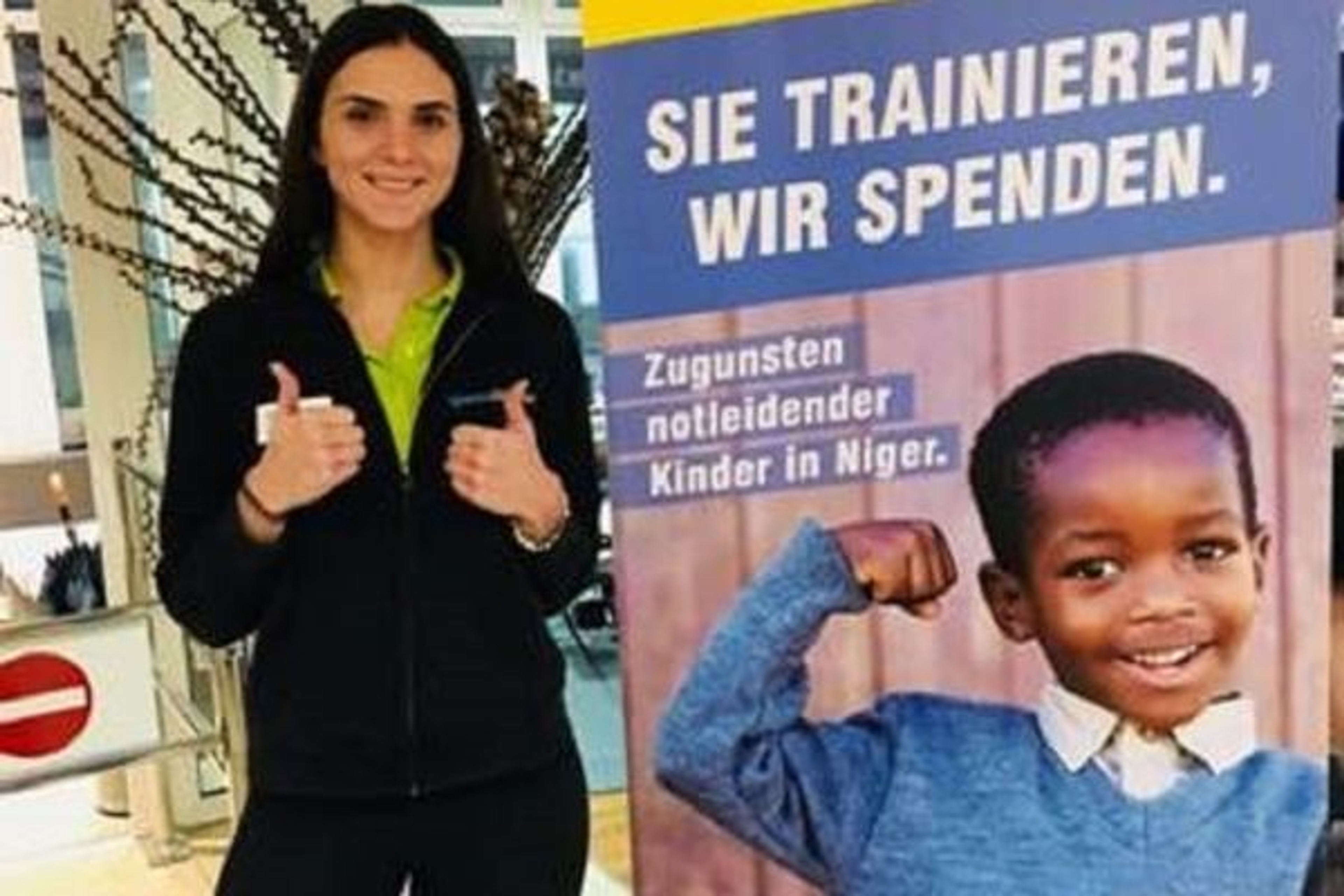 Lächelnde speedfitnees Mitarbeiterin steht mit beiden Daumen nach oben neben einem Plakat mit der Überschrift "Sie trainieren, wir spenden"